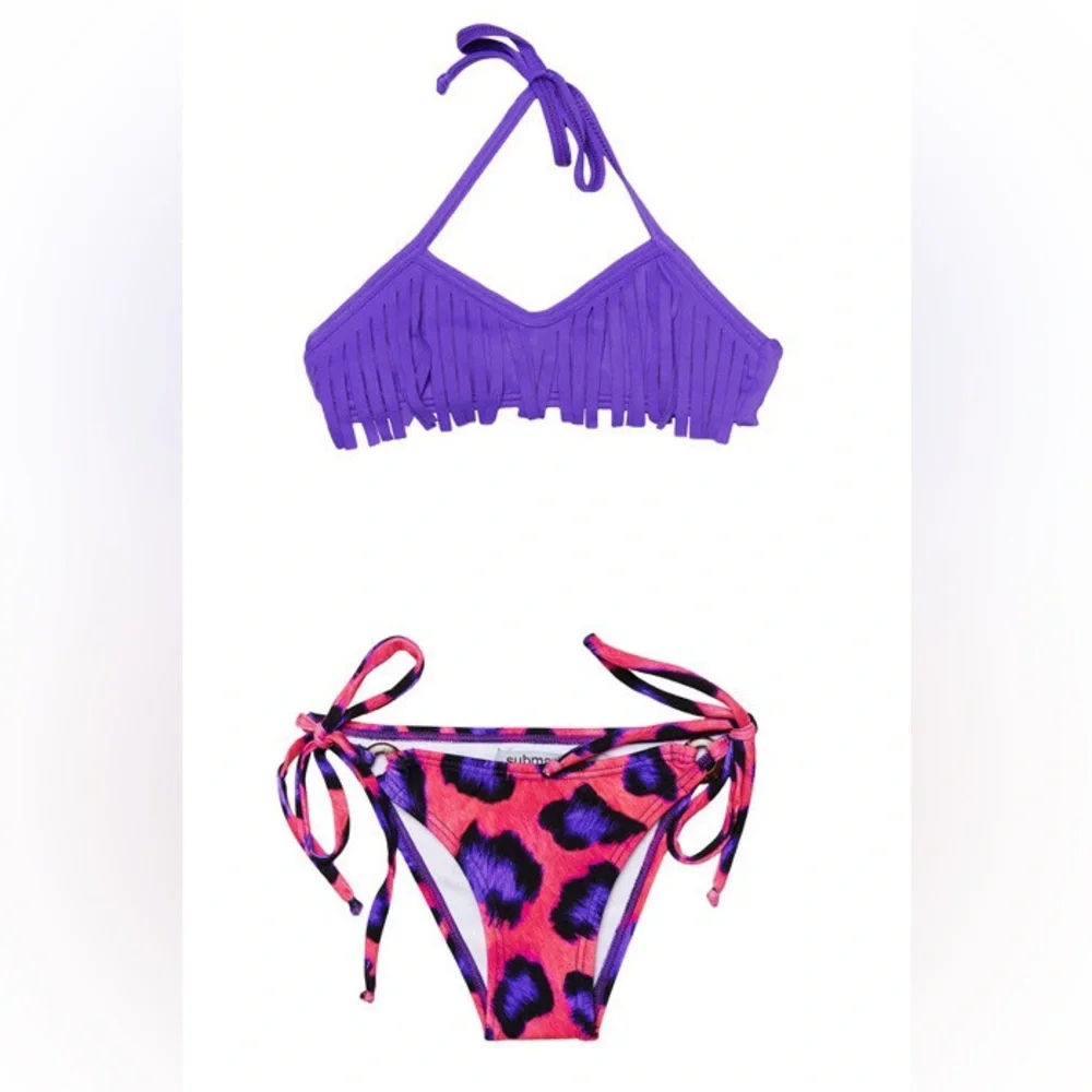 Submarine Purple Fringe Bikini with Pink Leopard Bottoms sz 16‎ Girls